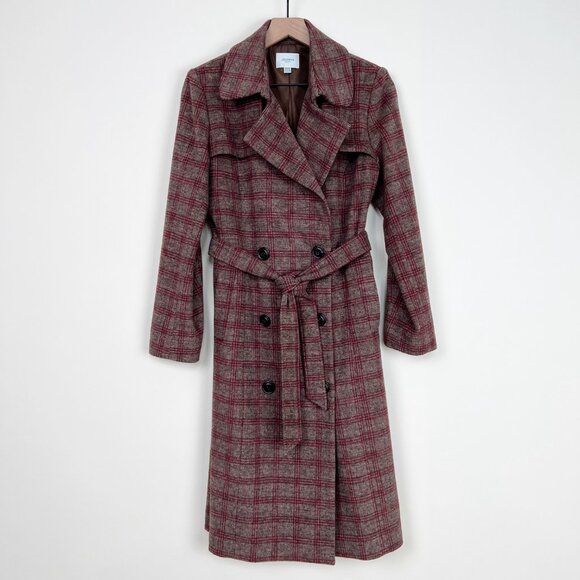 Anthropologie Plaid Wool Trench Jacket Pea Coat Preppy Fall Winter Quiet Luxury - Picture 2 of 9
